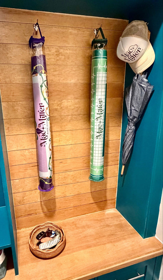 Mac and Miller Mahjong Dream Display tote in moss and plum hanging storage in mudroom