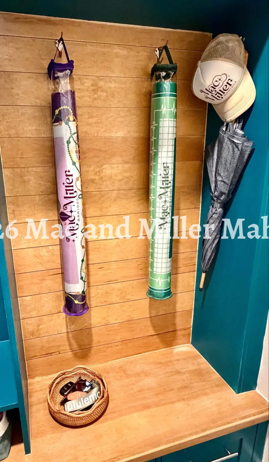 Mac and Miller Mahjong Dream Display tote in moss and plum hanging storage in mudroom