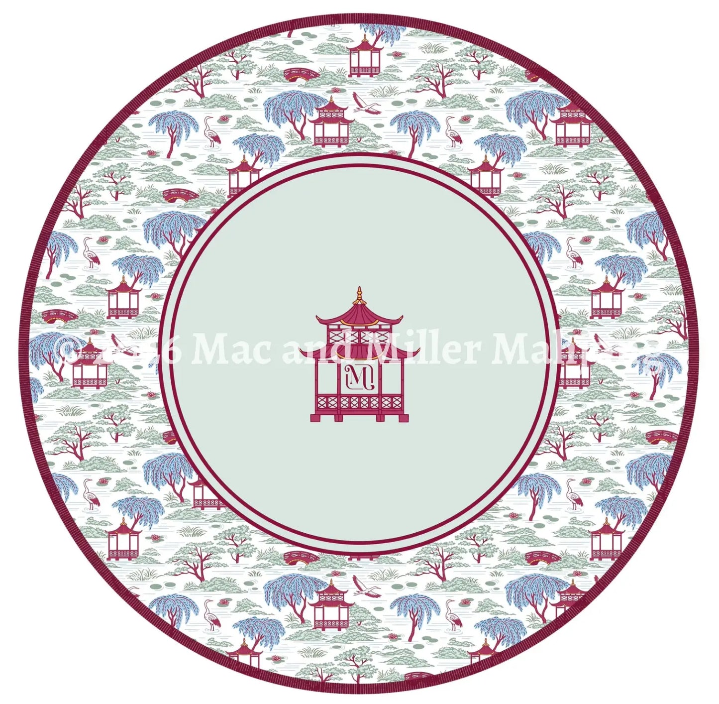 Mac and Miller Mahjong Heirloom Collection White and Magenta Chinoiserie Round Mahjong Mat