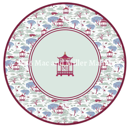 Mac and Miller Mahjong Heirloom Collection White and Magenta Chinoiserie Round Mahjong Mat