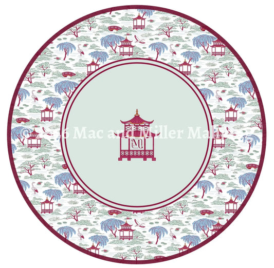 Mac and Miller Mahjong Heirloom Collection White and Magenta Chinoiserie Round Mahjong Mat