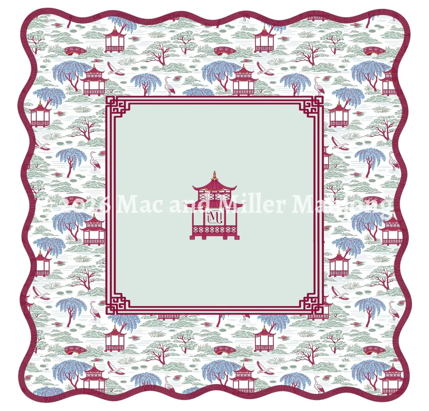 Mac and Miller Mahjong Heirloom Collection Scalloped White Chinoiserie Mahjong Mat