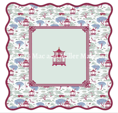 Mac and Miller Mahjong Heirloom Collection Scalloped White Chinoiserie Mahjong Mat