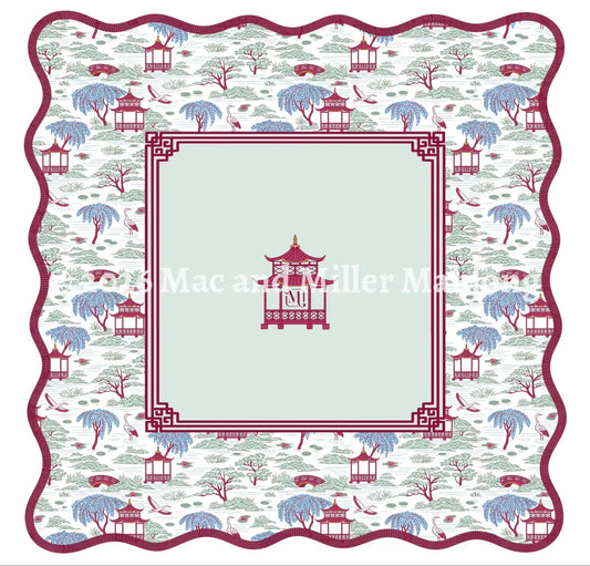 Mac and Miller Mahjong Heirloom Collection Scalloped White Chinoiserie Mahjong Mat