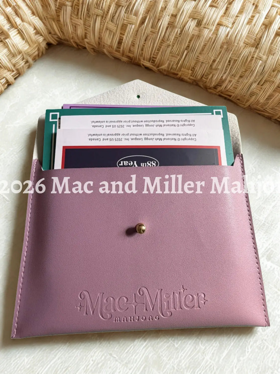 Lavender leather card clutch with logo embossed
