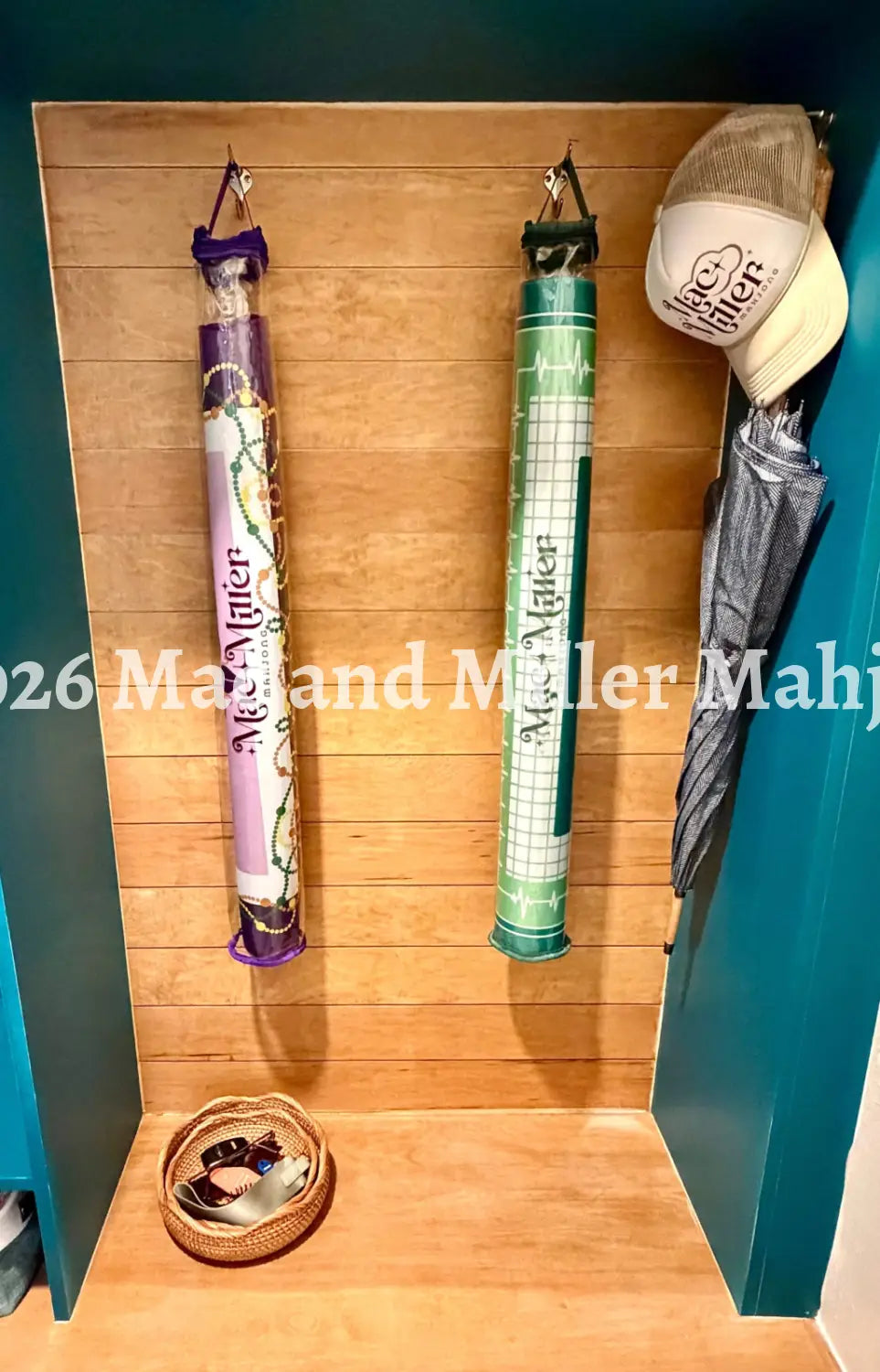 Mac and Miller Mahjong Dream Display tote in moss and plum hanging storage in mudroom